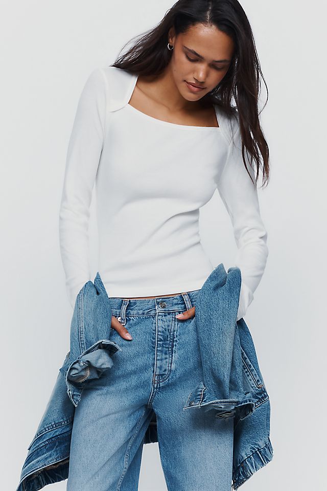 Pilcro Women's Square-Neck Cotton Modal Long Sleeve Top 58.4cm